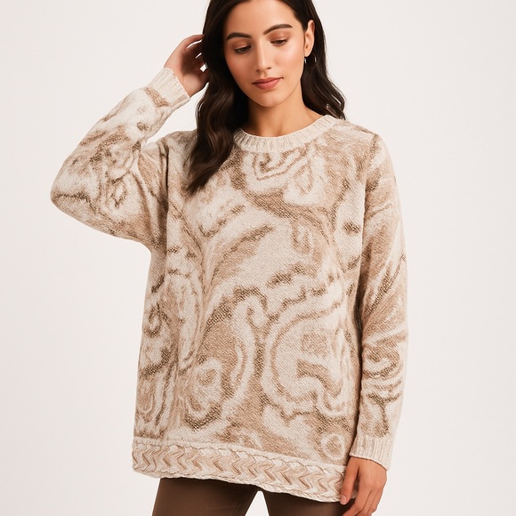 Tiara International Womens Vintage Tapestry Knit Sweater Oversized Beige Brown S - Picture 1 of 7